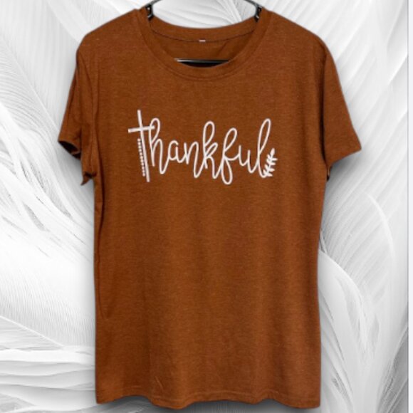 Women's Thankful Autumn Brown Graphic T Shirt - Picture 2 of 5